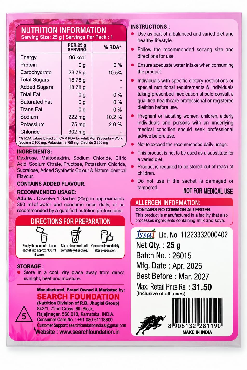 Carboplus Nutrition and Ingredient Information